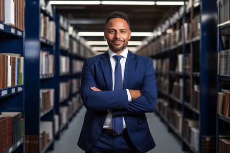 A man in a suit and tie standing in a libraryの素材