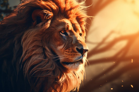 A close up of a lion's face with trees in the backgroundの素材