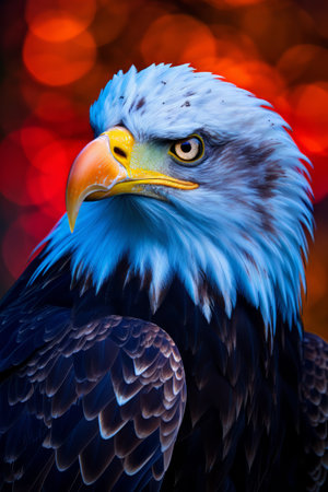 A close up of a bald eagle with a blurry backgroundの素材