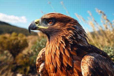 A close up of a bird of prey in a fieldの素材