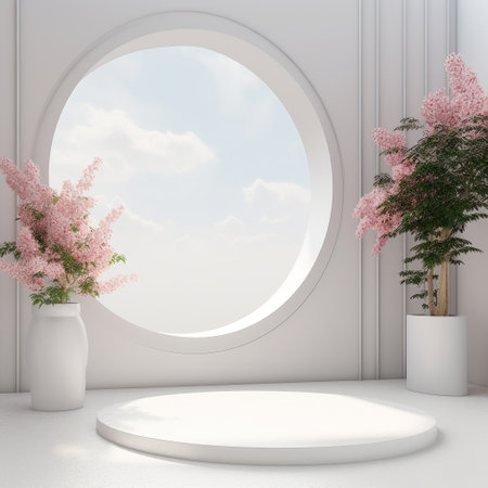 Podium stage pedestal A vase with pink flowers in front of a round windowの素材