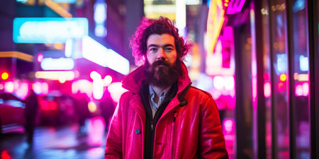 A man with a beard standing on a city streetの素材