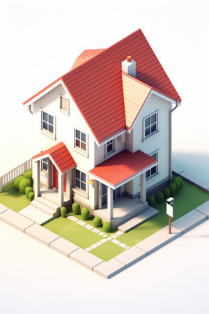 A house with a red roof and a white fenceの素材