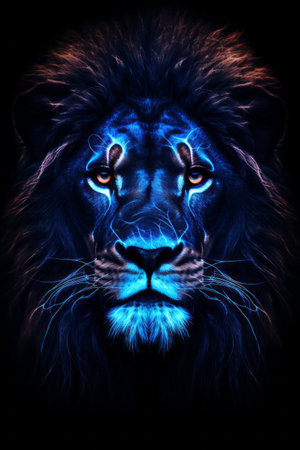 A lion with blue eyes and a black backgroundの素材