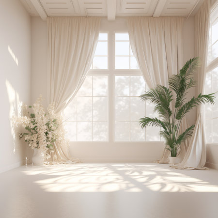 Podium stage pedestal A room with a large window and a potted plantの素材