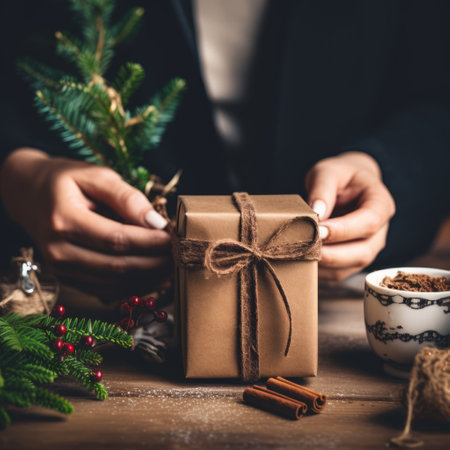 Close-Up Shot Female Hands Gifting Festive Boxの素材