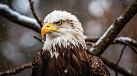 A bald eagle perched on a tree branchの素材