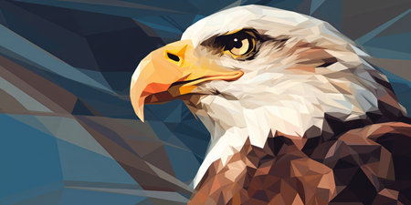 A close up of a bald eagle on a blue backgroundの素材