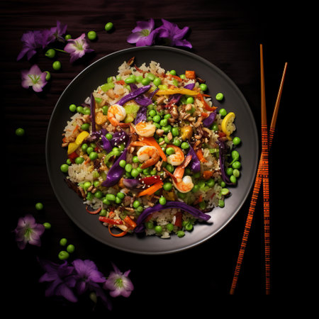 A plate of rice, peas, carrots, and shrimpの素材