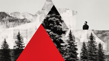 Man in the mountains forest Winter Christmas tree Grunge banner backgroundの素材