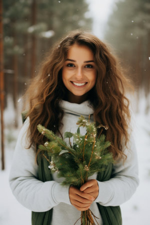 A woman holding a bouquet of flowers in the snowの素材