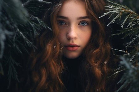 A woman with long hair standing in front of a treeの素材