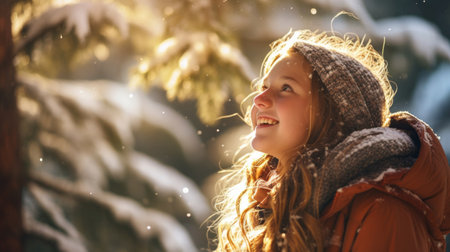 A young girl smiles as she walks through the snowの素材