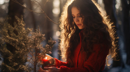 A woman in a red jacket holding a lit candleの素材