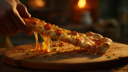Tasty Melted Cheese Pizza Slice on Dark Backgroundの素材
