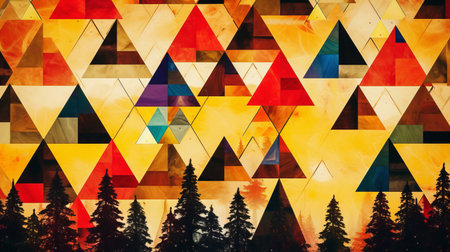 A painting of mountains and Christmas trees with a sunset in the background Winter Grunge bannerの素材
