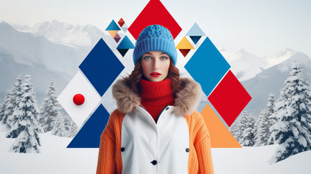 A woman wearing a blue hat and orange jacket Winter Christmas tree Grunge banner backgroundの素材