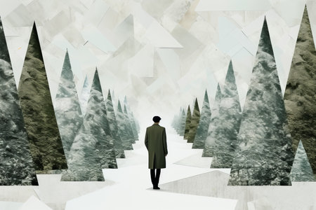 A man walking through a forest filled with trees Winter Christmas tree Grunge banner backgroundの素材