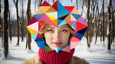 A woman wearing a colorful hat and scarf in the snow Winter Christmas tree Grunge banner backgroundの素材