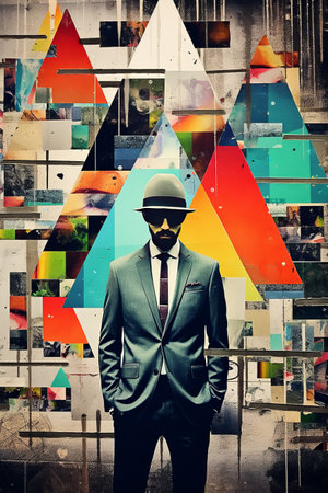 A man in a suit and tie standing in front of a multicolored wall Winter Christmas tree Grunge banner backgroundの素材