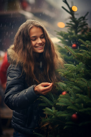 Winter Wonderland Red-haired Woman in Snowfallの素材