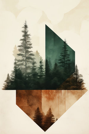 A painting of a forest with Christmas trees and mountains Winter Grunge banner backgroundの素材