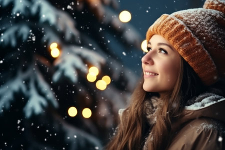 Joyful Snowfall Portrait Young Smiling Girl Outdoorsの素材