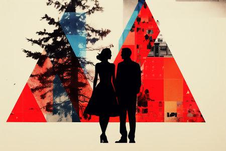 A man and a woman standing in front of a Christmas tree Winter Grunge banner backgroundの素材