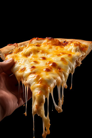 Savoring the Cheese. Pizza Slice on Dark Backgroundの素材
