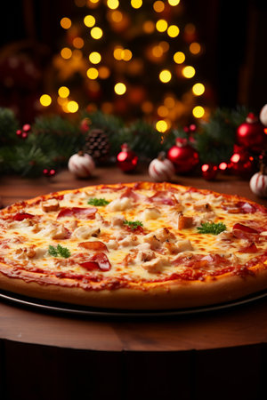 A pizza sitting on top of a pan on a tableの素材