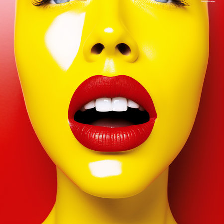 Beautiful woman face with red lips and yellow makeup.の素材