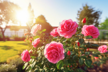Beautiful pink roses blooming in the garden on a sunny dayの素材