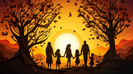 Happy family in the forest at sunset. Halloween background. Vector illustration.の素材