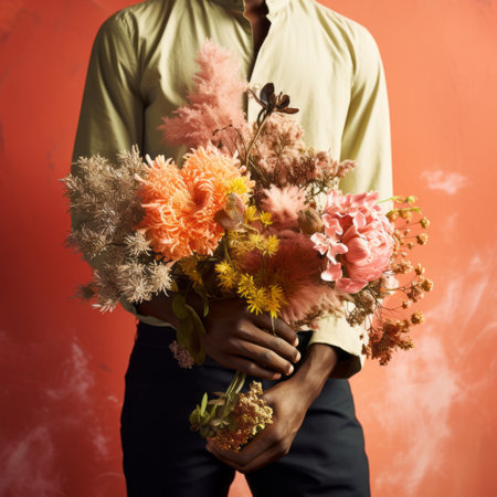 Man holding a bouquet of dried flowers on a red background.の素材