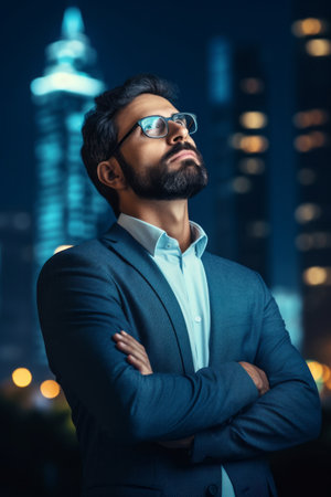 Portrait of a handsome young bearded Indian businessman in glasses standing with crossed arms and looking away.の素材