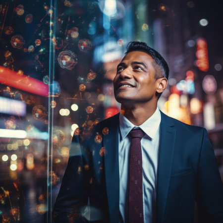 Portrait of a smiling young Indian businessman standing in the city at nightの素材