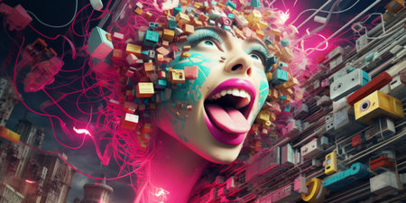 Digital composite of Colorful woman face with many cubes in the backgroundの素材