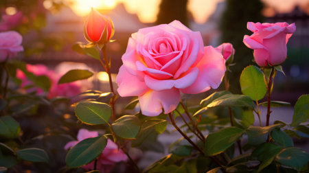 Beautiful pink rose in the garden at sunset. Nature background.の素材