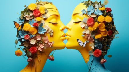 Double exposure of woman and man face with flowers on blue background.の素材