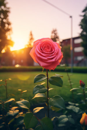 Beautiful pink rose on the background of the sunset in the cityの素材