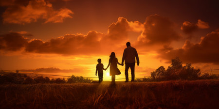 Silhouette of happy family holding hands on sunset sky background.の素材