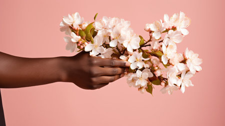 cropped view of african american woman holding cherry blossoms isolated on pinkの素材