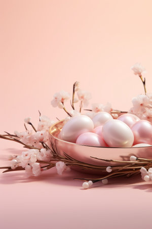 Easter eggs in a bowl with pink flowers on a pink backgroundの素材