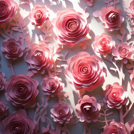floral background made of pink roses and leaves on a white backgroundの素材