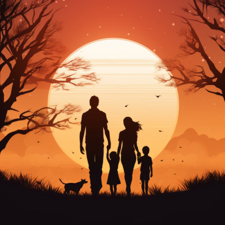Family in the forest with dog at sunset. illustration for your designの素材
