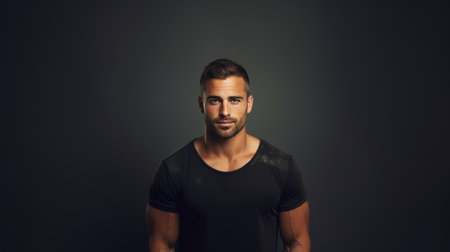 Handsome young man in black t-shirt on dark backgroundの素材