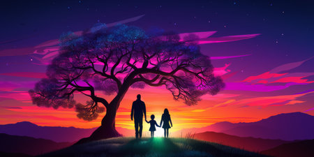 Silhouette of a family with a child on the background of a big tree.の素材