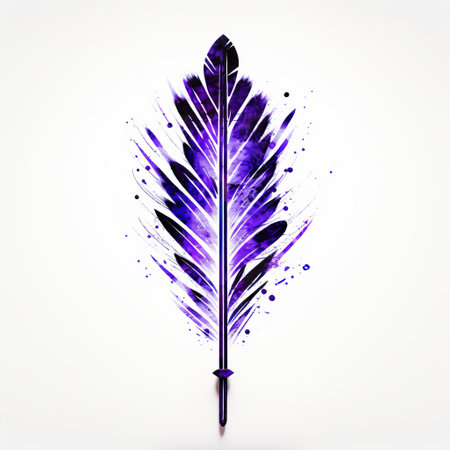 Purple feather on white background with watercolor stains.の素材