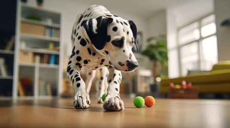 Dalmatian dog playing with balls on the floor at homeの素材
