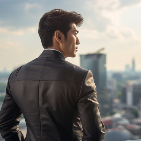 Side view of young Asian businessman looking away with cityscape in the backgroundの素材